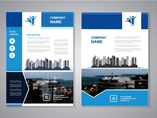 Vector modern brochure, abstract flyer with background of buildings. City scene. Layout template. Aspect Ratio for A4 size. Poster of blue, grey, black and white color. Magazine cover.