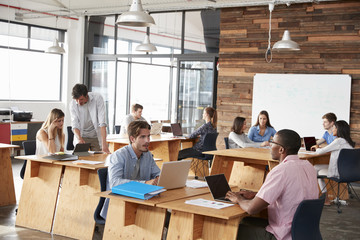 Young adult colleagues working in an open plan office