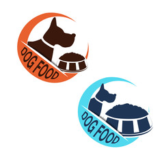 Vector dog food label with silhouette of a dog and a bowl of feed. Circular blue and orange dog food symbols isolated on white background for produkt design, packaging or advertising.