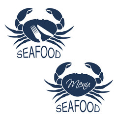 Vector crab silhouette with symbol of menu and symbol of knife, fork. Seafood symbols isolated on white background for produkt design or menu restaurant.