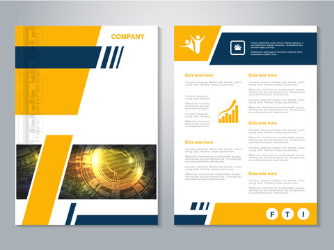 Vector modern brochure with blue yellow design, abstract flyer with technology background. Layout template. Poster, Magazine cover.