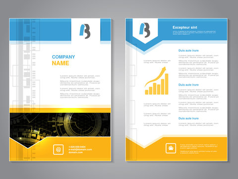 Vector modern brochure with blue yellow design, abstract flyer with technology background. Layout template. Poster with arrow design, Magazine cover.