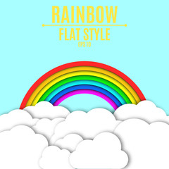 Light, paper clouds with a shadow on a blue sky. Multicolored rainbow. Light background. Vector illustration in a flat style. A place for your projects