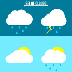 Set. Weather. A simple vector illustration in a flat style. Thunderstorm and rain on a dark background. Sun and clouds on a light background.