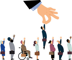 Giant managerial hand picking up a white male from a line of a diverse job candidates as a metaphor for a discrimination during an employment interview, EPS 8 vector illustration - obrazy, fototapety, plakaty