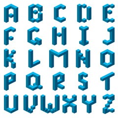 Blue abstract isometric font. Alphabet. Vector illustration.