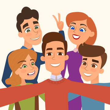 People group taking selfie photo . Friends take a picture. Vector illustration.