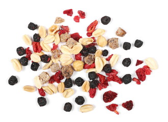 Naklejka na ściany i meble Healthy food, pile of mixed cornel, hazelnuts, peanuts, figs, chokeberry, cranberry, isolated on white, top view 