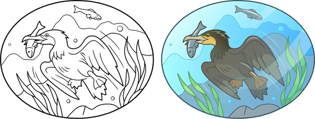 Cartoon Cormorant fish under the water
