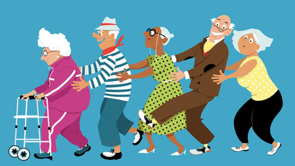 Diverse group of active senior people dancing a conga line, EPS 8 vector illustration, no transparencies  - obrazy, fototapety, plakaty