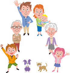 家族イラスト　二世帯家族　ペット　俯瞰