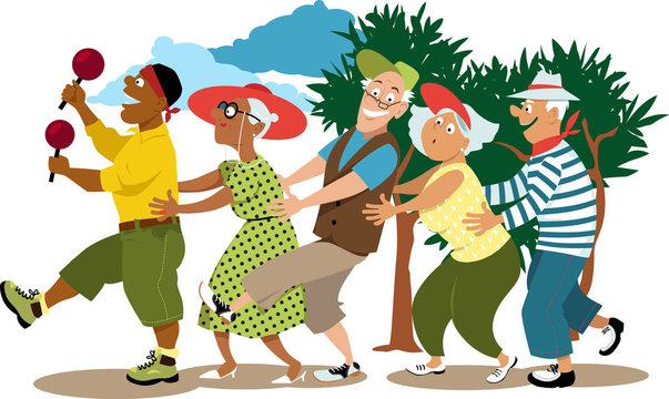 Group of active seniors led by a young volunteer in a conga line dance, EPS 8 vector illustration
