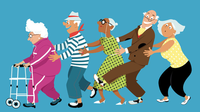 Diverse group of active senior people dancing a conga line, EPS 8 vector illustration, no transparencies 