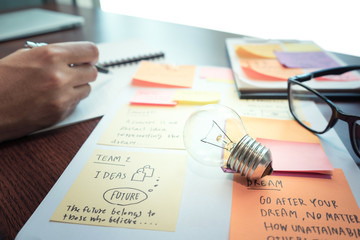 Light bulb on table with paperwork.creativity concepts.marketing strategy solution.brainstorming...