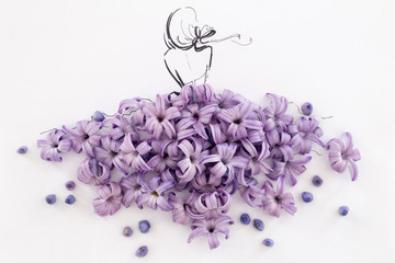 Hand drawn ballerina wearing dress made of natural flowers