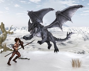 Fototapeta premium Dragon Warrior Boy Fighting a Dragon in the Snow - ilustracja fantasy