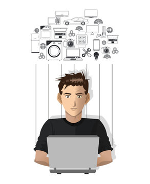 young man laptop working internet of things vector illustration