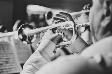 Trumpet in the hands of a musician in the band