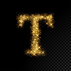 Gold glittering letter T on black background