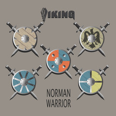 Weapons. The Norman warrior.Crossed swords and shields. Vector image. Design logos, illustrations, books, textiles, print on fabric and paper.
