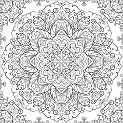 monochrome round ornament in doodle style, fantasy pattern  for coloring book, in square format
