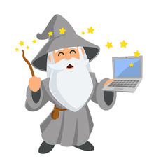 Friendly wizard, he has a laptop, vector illustration