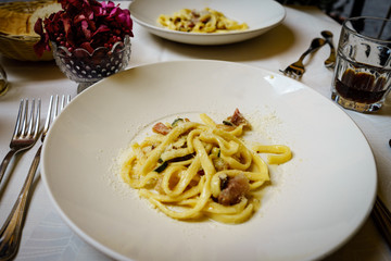 Pasta carbonara. Spaghetti with pork cheek and parmesan cheese
