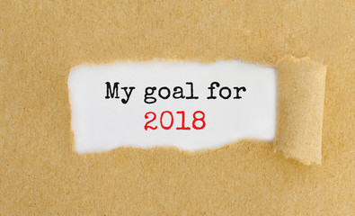 Text My Goal For 2018 appearing behind ripped brown paper.
