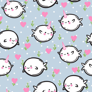 Funny vector seamless pattern with unicorn fish and floral background. Cute whales and narwhals in hearts and flowers. Children's drawing.