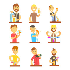 Cheerful smiling bartender serves at the bar set for label design. Colorful cartoon detailed vector Illustrations