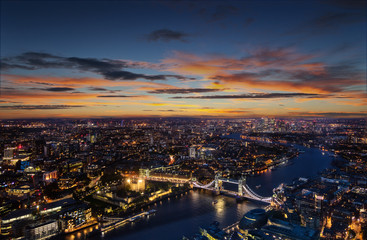 London aerial view with Tower Bridge in sunset
