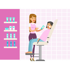Beautician applying woman white mask on face in salon. Colorful cartoon character vector Illustration