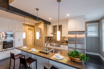 Modern, bright, clean, kitchen interior with stainless steel appliances in a luxury house