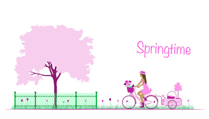 Springtime. Girl driving on bicycle with flowers, rake, shovel and watering can. Pink shade.