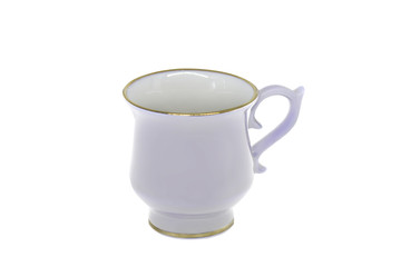 Empty white cup with curly handle and gold border
