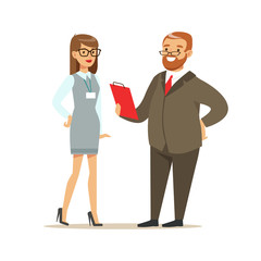 Job interview with manager in office. Colorful cartoon character vector Illustration