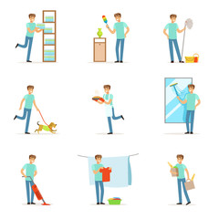 Smiling househusbands washing, cooking, cleaning and shopping. Set of colorful cartoon detailed vector Illustrations