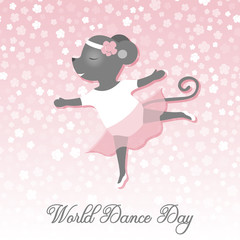 Day of dance. Vector illustration for a holiday. The mouse dances like a ballerina. Cute drawing.