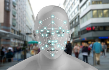 Machine learning systems , accurate facial recognition biometric technology and artificial intelligence concept. 3D Rendering of Man face and dots connect on face with blur city background.