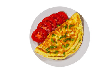 omelette on plate. top view. isolated on white
