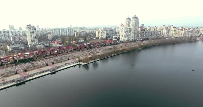 Obolon embankment aerial footage. Kiev, Ukraine.