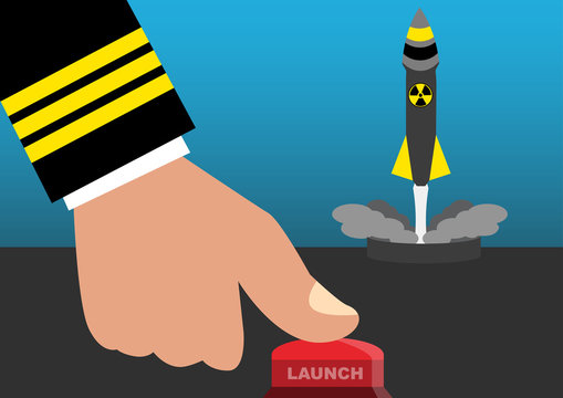 Simple cartoon concept illustration of a commander press launch button to launch nuclear missile