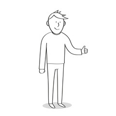 Man shows hands thumbs up, cartoon, sketch. Vector illustration