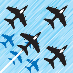 Group of fighter jets in a fast squadron flight. Vector image.