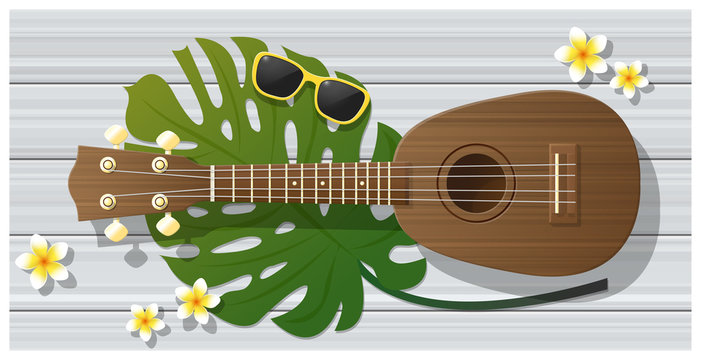 Hello summer background with ukulele on woodden board , vector , illustration