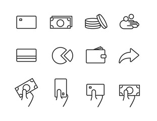Black, outline, modern payment online icon set. Contains: Payment by card, cash, money, wallet, bank transfer, installments