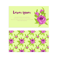 Purple vintage flowers in frame with sign and pattern for wedding invitation, marriage, florist business card, congratulation banner, advertise
