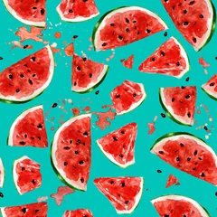 Gordijnen Juicy Watermelon. Watercolor seamless pattern. © nataliahubbert