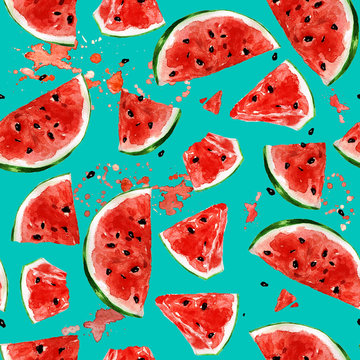 Juicy Watermelon. Watercolor seamless pattern.