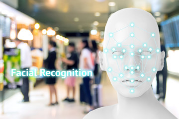 Machine learning systems , accurate facial recognition biometric technology, artificial intelligence concept. 3D Rendering of woman face and dots connect on face with blur retail shop mall background.